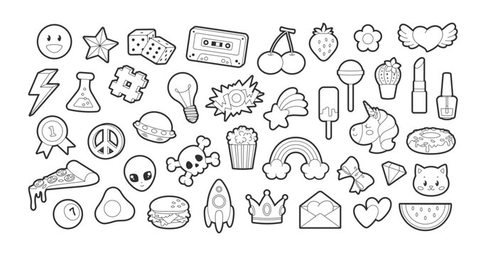 Line stickers and patches set. Vector illustrations of decoration for comic book. Outline sketches of alien UFO and spaceship, bulb and peace sign, food and rainbow isolated on white. Design concept