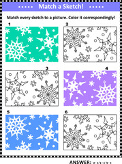 Match to sketch game or visual puzzle with winter snowfall pictures. Answer included.
