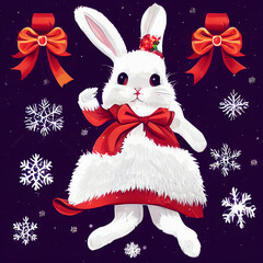 happy smiling white fluffy female bunny wearing red