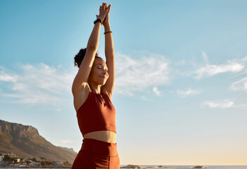 Black woman, yoga pray hands and meditation wellness on beach. Happy zen girl, spiritual fitness...