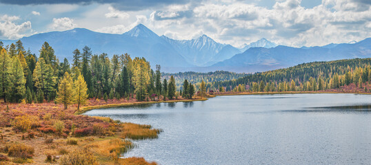 Autumn mountain landscape, lake and mountain range, panorama, Altai