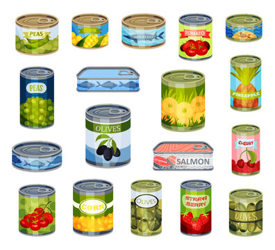 Canned Food and Market Conserve Nutrition in Metal Tin Big Vector Set