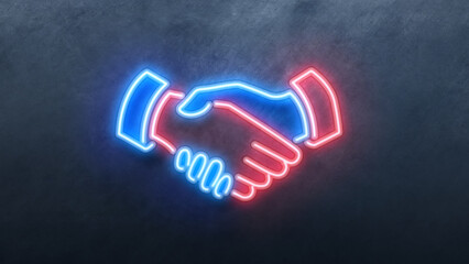 Neon shake hand business man neon sign. Night bright neon sign, red and blue color billboard, light banner. on texture wall 