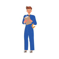 Car Repair Service with Man Mechanic Standing with Clipboard Vector Illustration