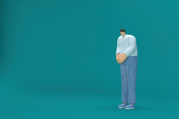 cartoon character wearing jeans and  long shirt. He is expression  of body and hand when talking. 3d rendering in acting.