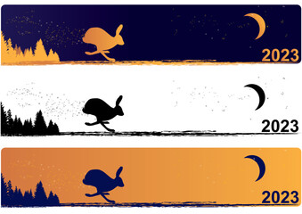 Set of New Year  banners with rabbit, moon, stars and forest in blue, black and gold colours