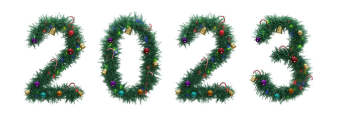 2023 from Christmas tree twigs on transparent background. New Year alphabet. Numbers from Christmas tree branches with decorations. 3d illustration