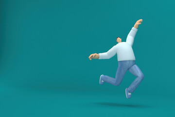 cartoon character wearing jeans and  long shirt. He is jumping. 3d rendering in acting.