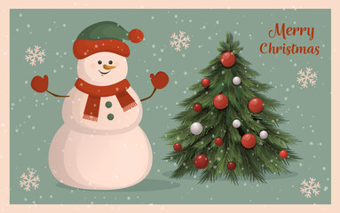 Merry Christmas and Happy New Year Postcard or poster or flyer template. Cheerful snowman with a Christmas tree. Christmas card in vintage style. Snowman cartoon character.