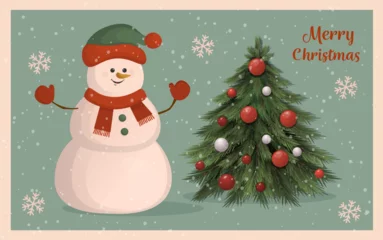 Fotobehang Merry Christmas and Happy New Year Postcard or poster or flyer template. Cheerful snowman with a Christmas tree. Christmas card in vintage style. Snowman cartoon character. © Olga