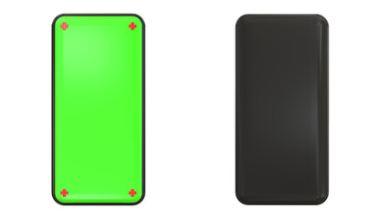 Business man hand shows mobile smartphone with green screen on green background.