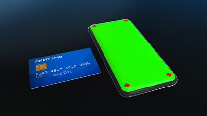 Obraz na płótnie Canvas Online shopping concept. Smartphone green screen with blue credit card on black background. 3d rendering