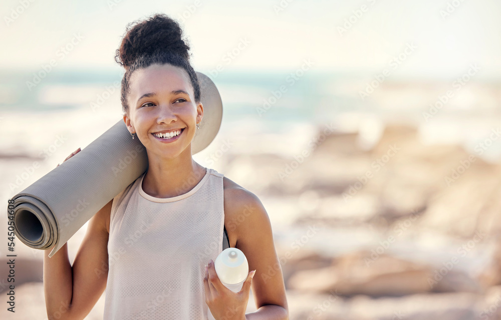 Sticker Happy black woman, fitness and smile for yoga in preparation for training, exercise or workout at the beach. Female smiling in spiritual wellness holding sports mat for calm, zen and exercising day