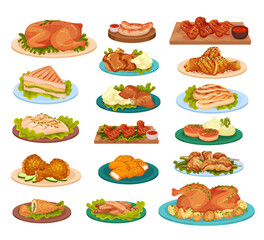 Chicken dishes set. Fried meat, steaks, meatballs and sausages from chicken meat cartoon vector illustration