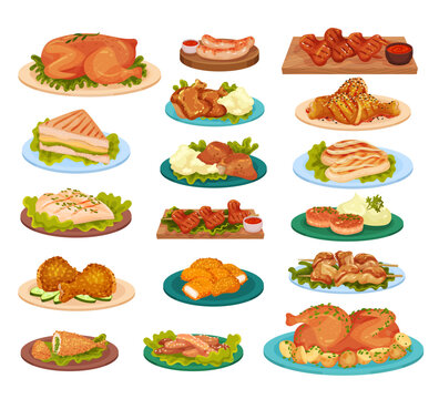 Chicken Dishes Set. Fried Meat, Steaks, Meatballs And Sausages From Chicken Meat Cartoon Vector Illustration