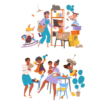 Naughty Hyperactive Children Characters Making Mess Turning Things Upside Down Vector Set