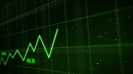 Stock markets uptrend dynamic chart on dynamic green background. Concept of financial stagnation, recession, crisis, business crash and economic collapse. upward trend 3d rendering