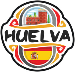 Huelva Spain Flag Travel Souvenir Sticker Skyline Landmark Logo Badge Stamp Seal Emblem Coat of Arms Vector Illustration SVG EPS