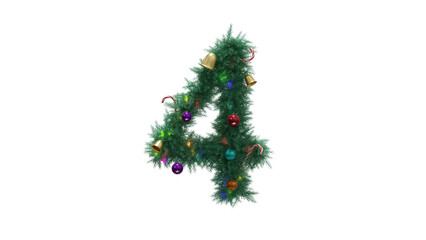 Number 4 from Christmas tree twigs with decorations on transparent background. Christmas or New Year alphabet. Numbers from Christmas tree branches with decorations. 3d illustration