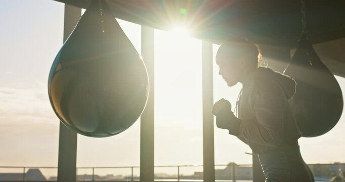 Boxing, sports and woman training with focus, commitment and power for wellness, training and workout challenge in her home gym. Young boxer strong fist and punching bag for mma goal in lens flare