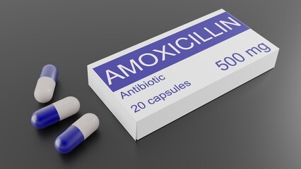 Amoxicillin antibiotic medication used to treat bacterial infections. 3d illustration - obrazy, fototapety, plakaty
