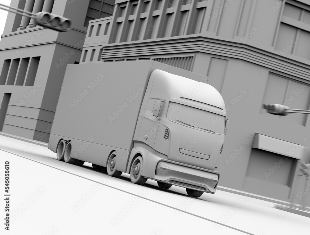 Aufkleber clay rendering of electric truck passing a crossroad intersection. 3d rendering image.