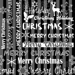 Seamless Merry Christmas pattern with text, snowflakes, deer. Gray, black, white colors