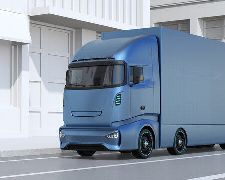 Close-up view of Blue Electric truck parking at roadside. 3D rendering image.
