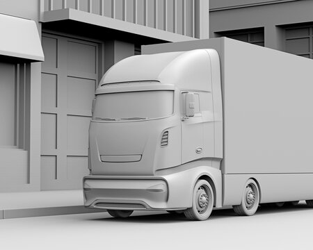 Clay rendering of Electric truck parking at roadside. 3D rendering image.