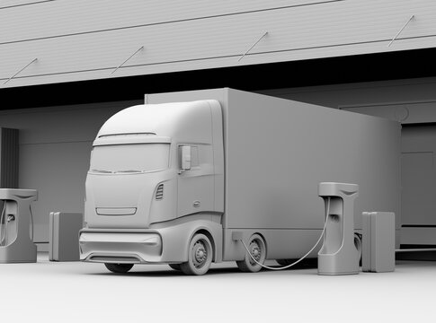 Clay rendering of electric trucks charging at logistics center. 3D rendering image.