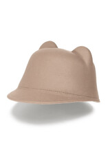 Close-up shot of a beige felt jockey hat with ears. The casual jockey felt hat with ears is isolated on a white background. Side view.