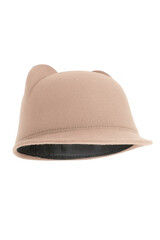 Close-up shot of a beige felt jockey hat with ears. The casual jockey felt hat with ears is...