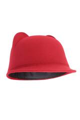 Close-up shot of a red felt jockey hat with ears. The casual jockey felt hat with ears is isolated...