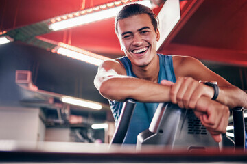Fitness, gym and portrait of happy man with smile after exercise, workout and training for health...