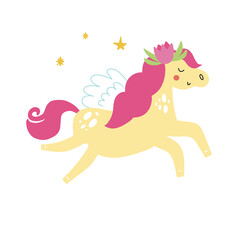 Children's hand drawn pegasus vector illustration isolated on white background for textile decoration and nursery