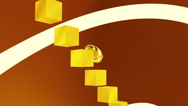 3d animation of a golden soft transparent ball dynamically moving and toppling a large number of dominoes
