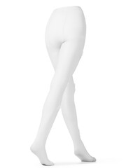 Close-up shot of white tights decorated with black satin bows and pearl beads. The white tights are isolated on a white background. Back view.
