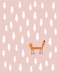 Abstract Childish Drawing Style Vector Illustartion with Fox in the Forest. Hand Drawn Fox with Black Spots Standing Among Trees on a Pink Background. Woodland Print ideal for Card, Wall Art, Poster.