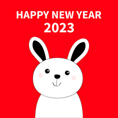 Happy Chinese New Year 2023. The year of the rabbit. Bunny hare face head black line icon. Cute cartoon kawaii funny character. Baby greeting card. Red background. Flat design.