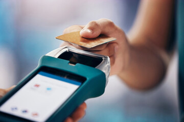 Credit card payment, shopping and closeup at digital nfc terminal for money, pos or cashier at shop. Woman, hand and card for service, discount or cashless purchase with retail, tech or help at store - obrazy, fototapety, plakaty