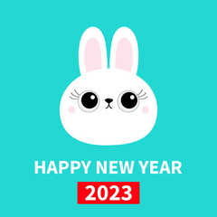 Fototapeta premium Happy Chinese New Year 2023. The year of the rabbit. White bunny hare face head round icon. Big eyelashes. Cute kawaii cartoon funny baby character. Greeting card. Blue background. Flat design.