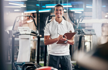 Gym, fitness and portrait of a personal trainer with a clipboard for a training consultation. Happy, smile and sports coach or athlete with a wellness, health and exercise checklist in workout center - obrazy, fototapety, plakaty