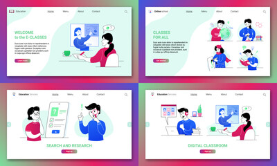 Classes for all, digital classroom landing page template. Educational services, distant training, course web banners with learning boys and girls students website cartoon thin line vector illustration