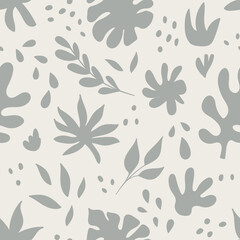 Fototapeta na wymiar Abstract botanical seamless pattern. Hand drawn leaves of plants. Minimalistic natural design. Tropical vector background. Creative collage.