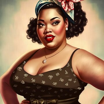 Black Plus Size Pin Up Model in Vintage Style | Created Using Midjourney and Photoshop | Illustration- Not Real Human Model