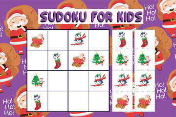 Sudoku game for children with pictures. Kids activity sheet. Training children’s logical thinking, educational game. Cute Christmas cartoon items. Vector illustration file.