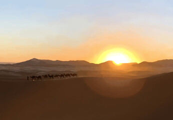 Realistic drawing of camel caravan crossing the Sahara desert at sunrise in Morocco.
