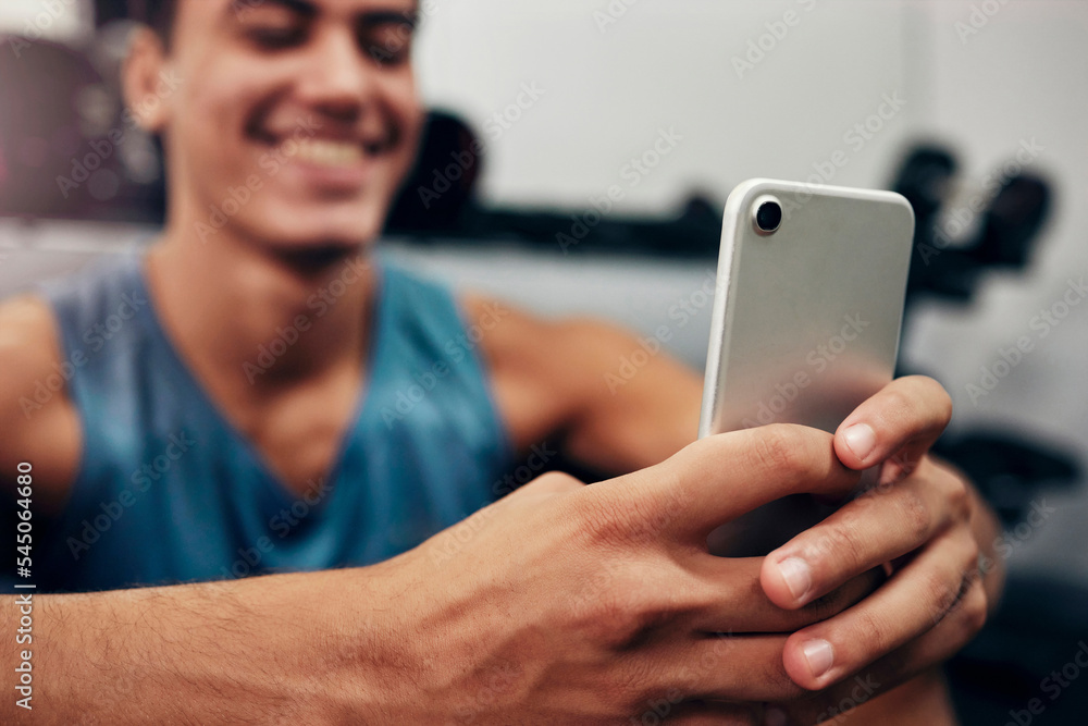 Poster zoom, fitness or happy black man with phone in gym for networking, social media app or communication