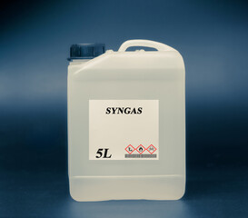 Biofuel in chemical lab in plastic canister Syngas