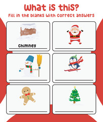 Fototapeta na wymiar What christmas item is this printable worksheet. See and write the correct Christmas item. Educational worksheet for preschool. Vector illustration file.